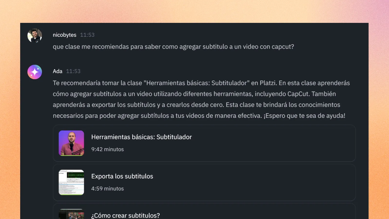 Platzi AI Chat class recommendations