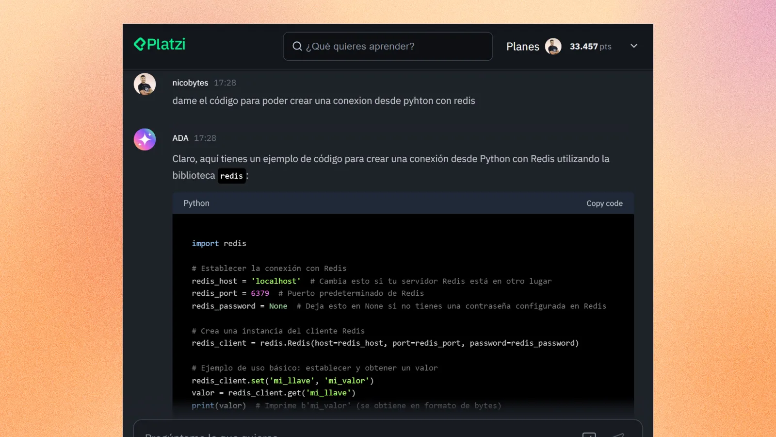 Platzi AI Chat code recommendations